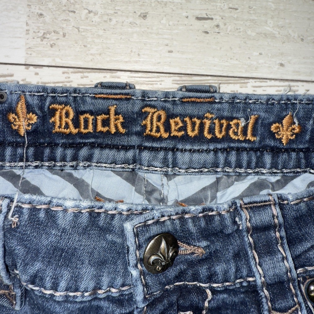 Rock Revival Jeans Mens 36x31 Blue Jack Slim Straight Denim Stretch Embroidered - Picture 2 of 14
